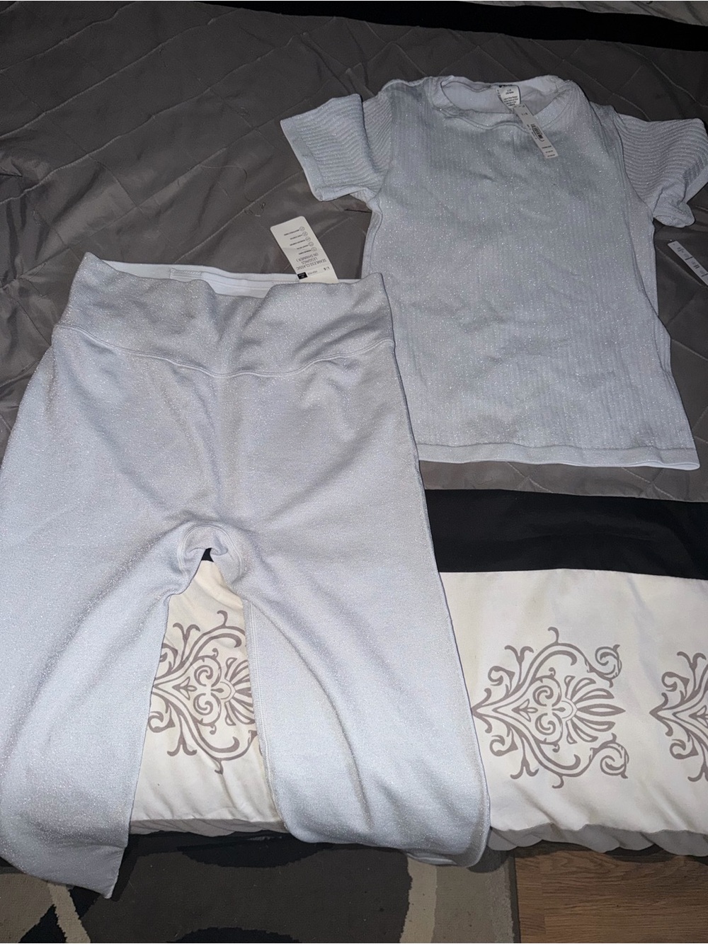 Sparkle Ribbed Short-Sleeve Top & Leggings Set - Light Blue